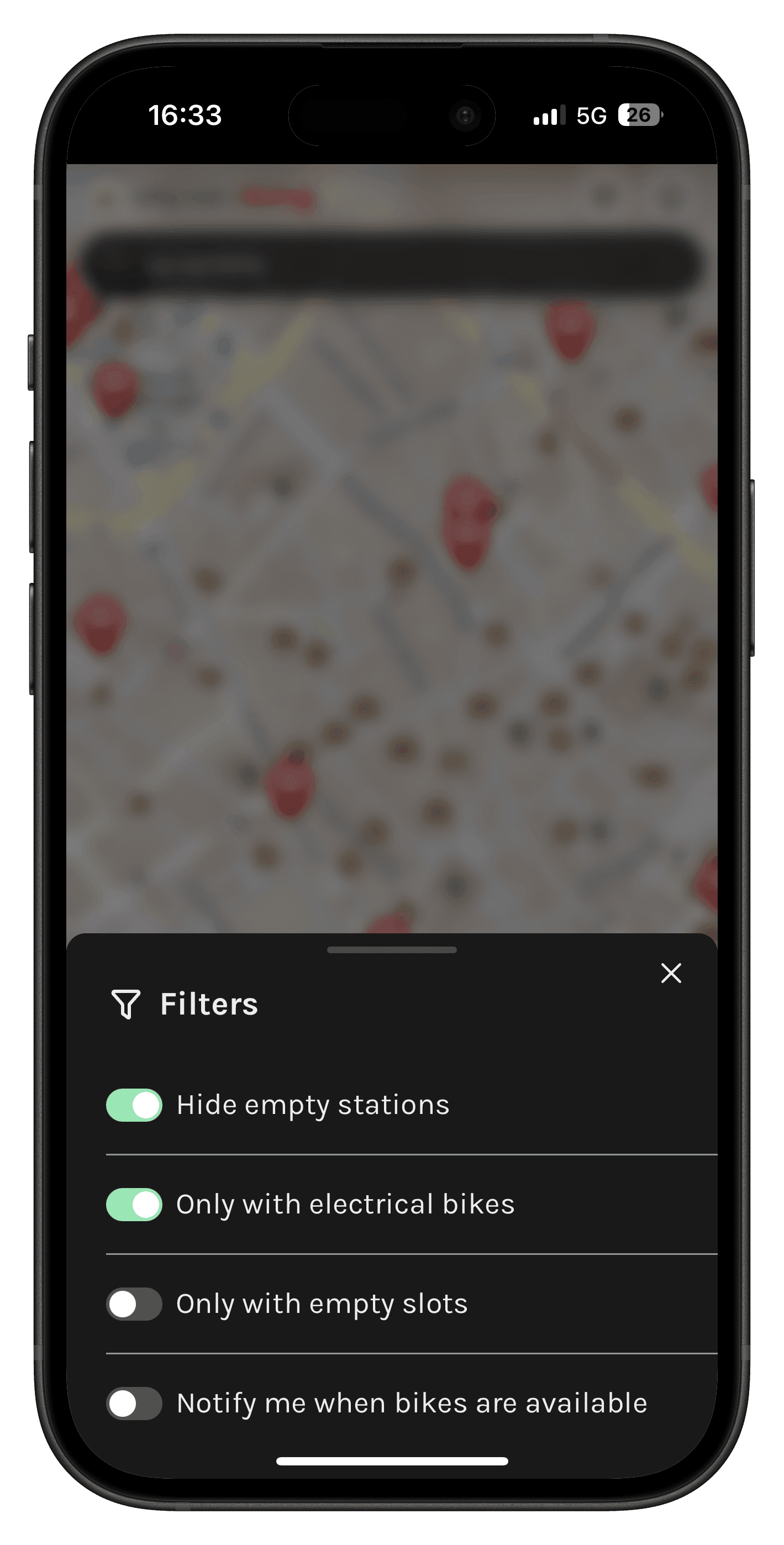 Bicing app filters screen showing options to filter by bike type and availability